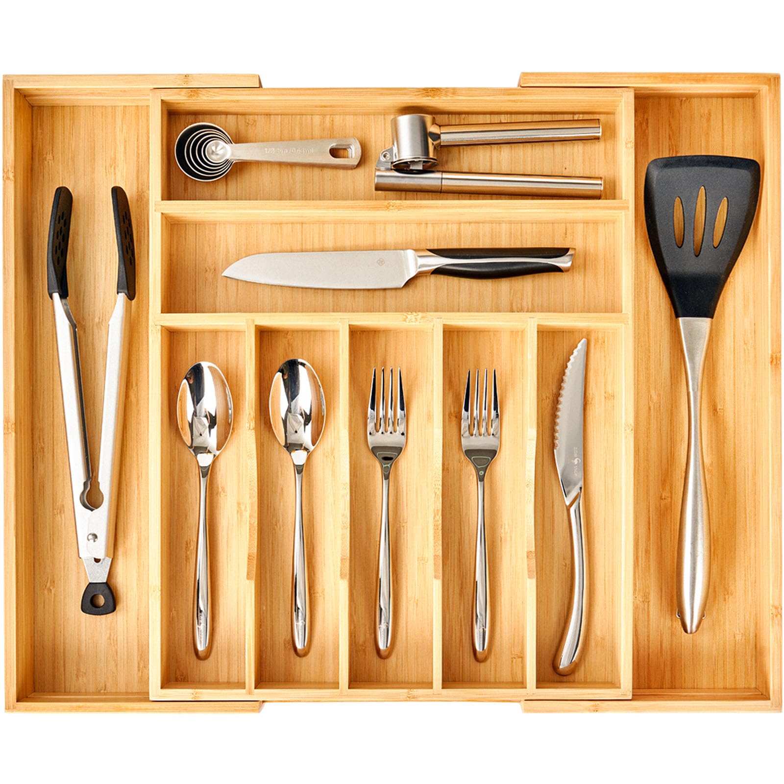 Umilife large expandable bamboo drawer organizer keeps utensils neatly arranged