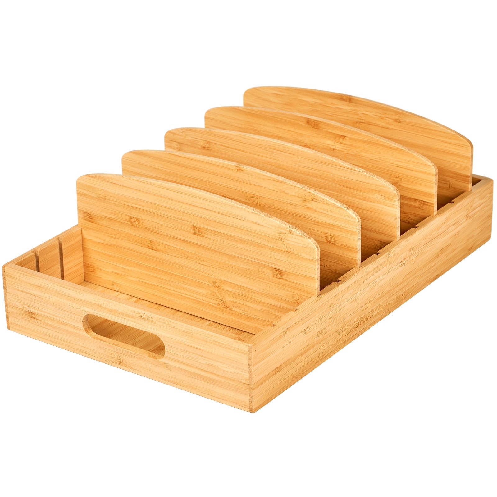 Umilife large lids organizer in top view with tall bamboo dividers for big lids.