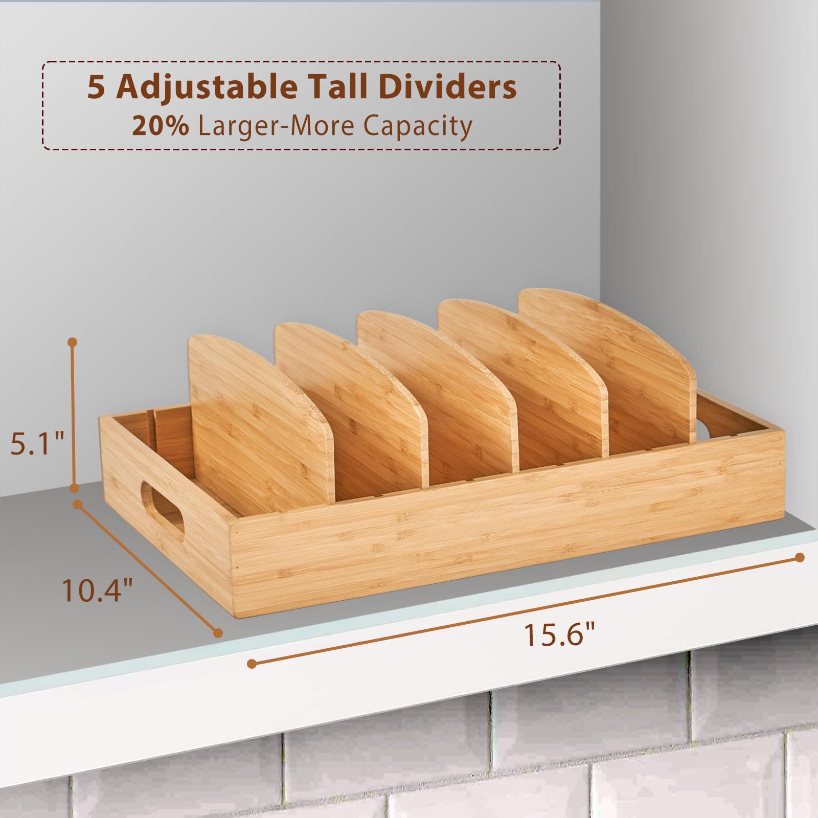 Umilife lids organizer placed in a drawer, side view showing adjustable slots.