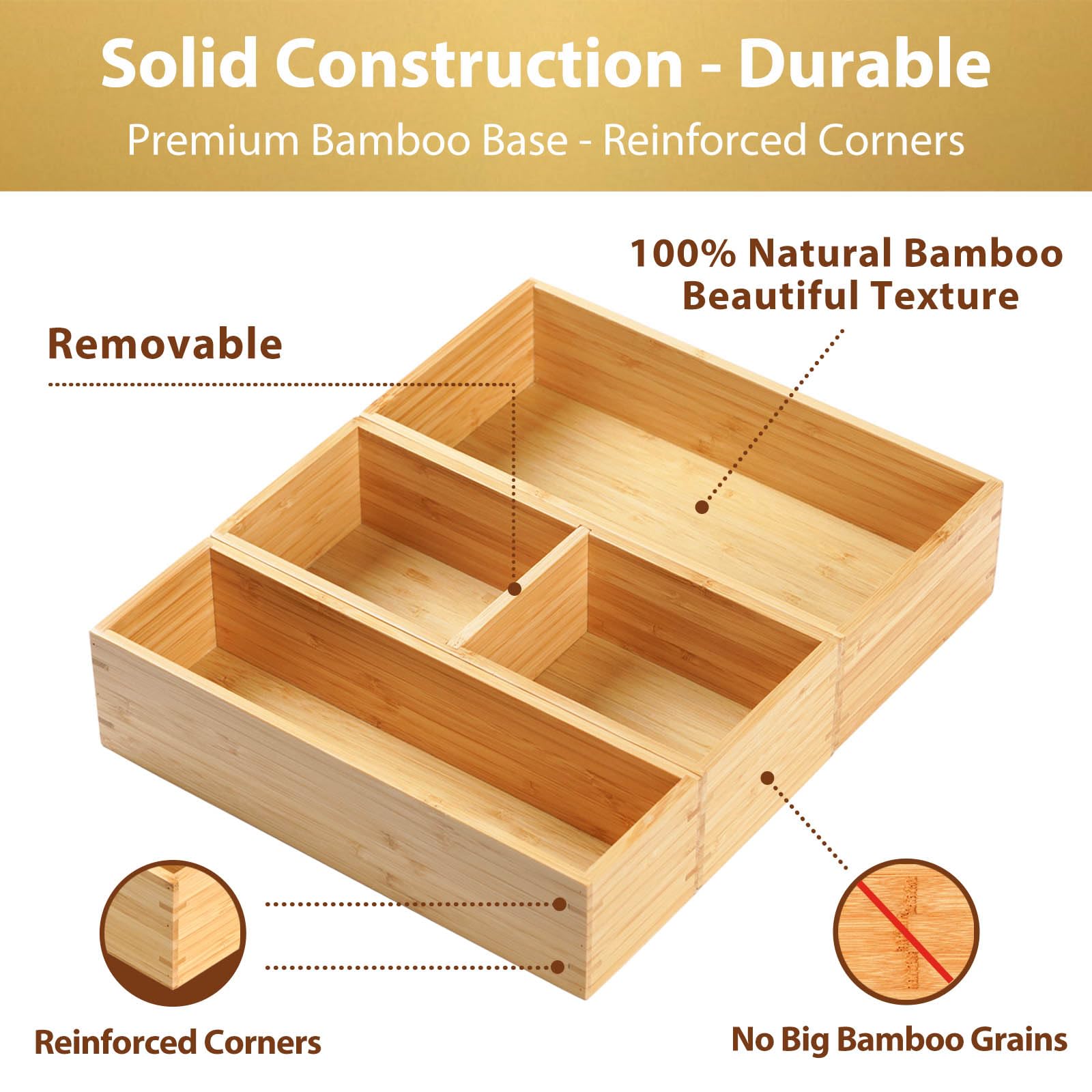 Umilife rearrangeable bins fit varying drawer sizes for versatile storage.