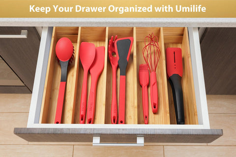 Umilife versatile drawer organizer for kitchen, bathroom, or desk.