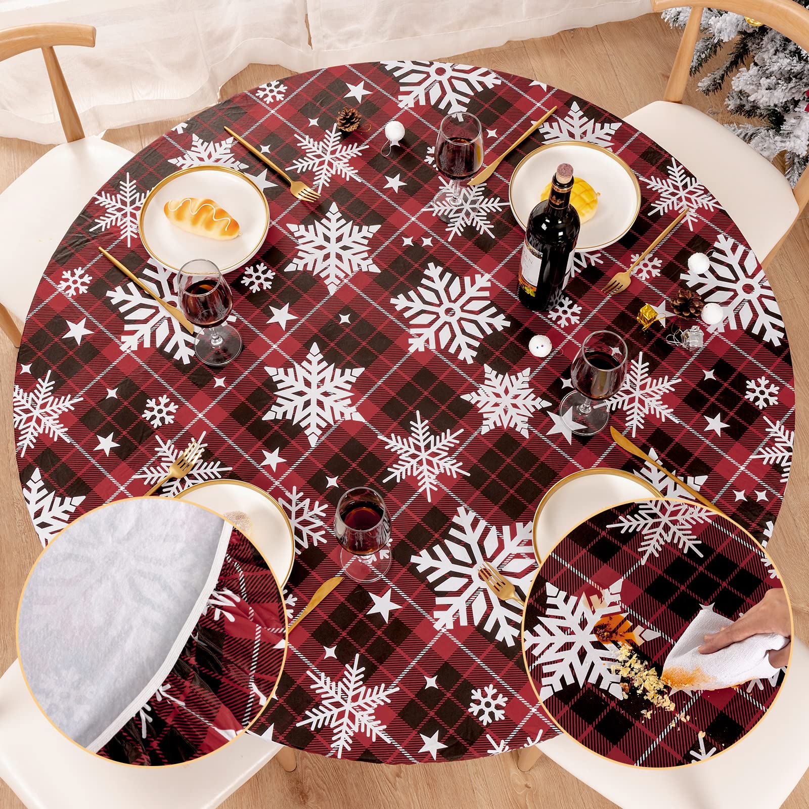UMINEUX round fitted tablecloth with snowflake pattern protects from spills.