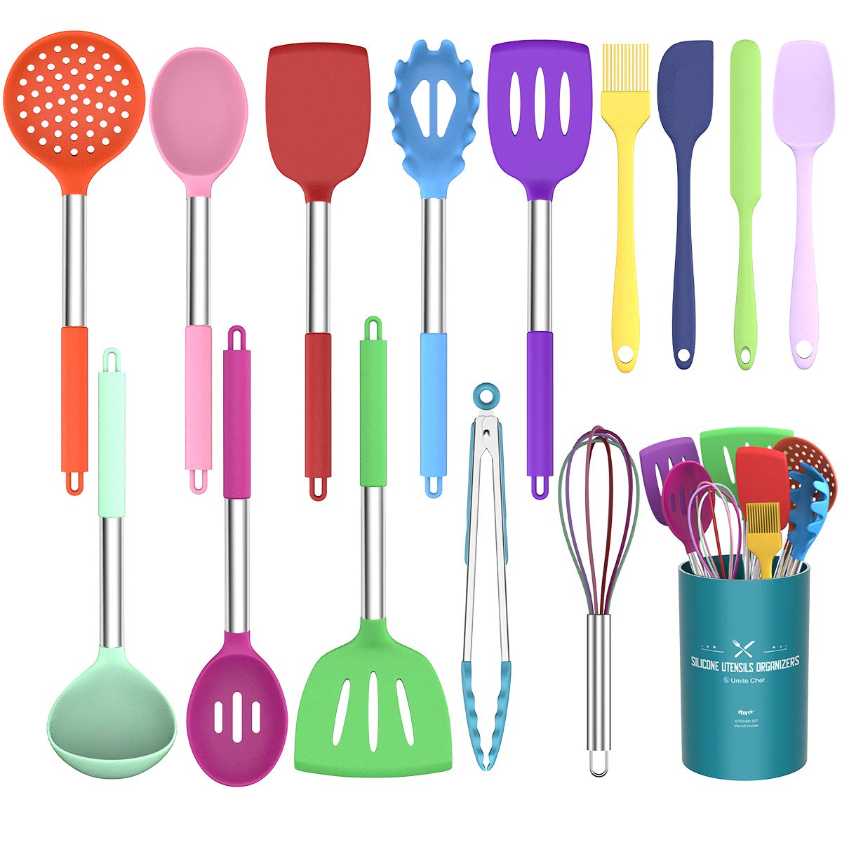 Umite Chef 15pc utensils slotted turner in action, non-stick friendly and heat resistant