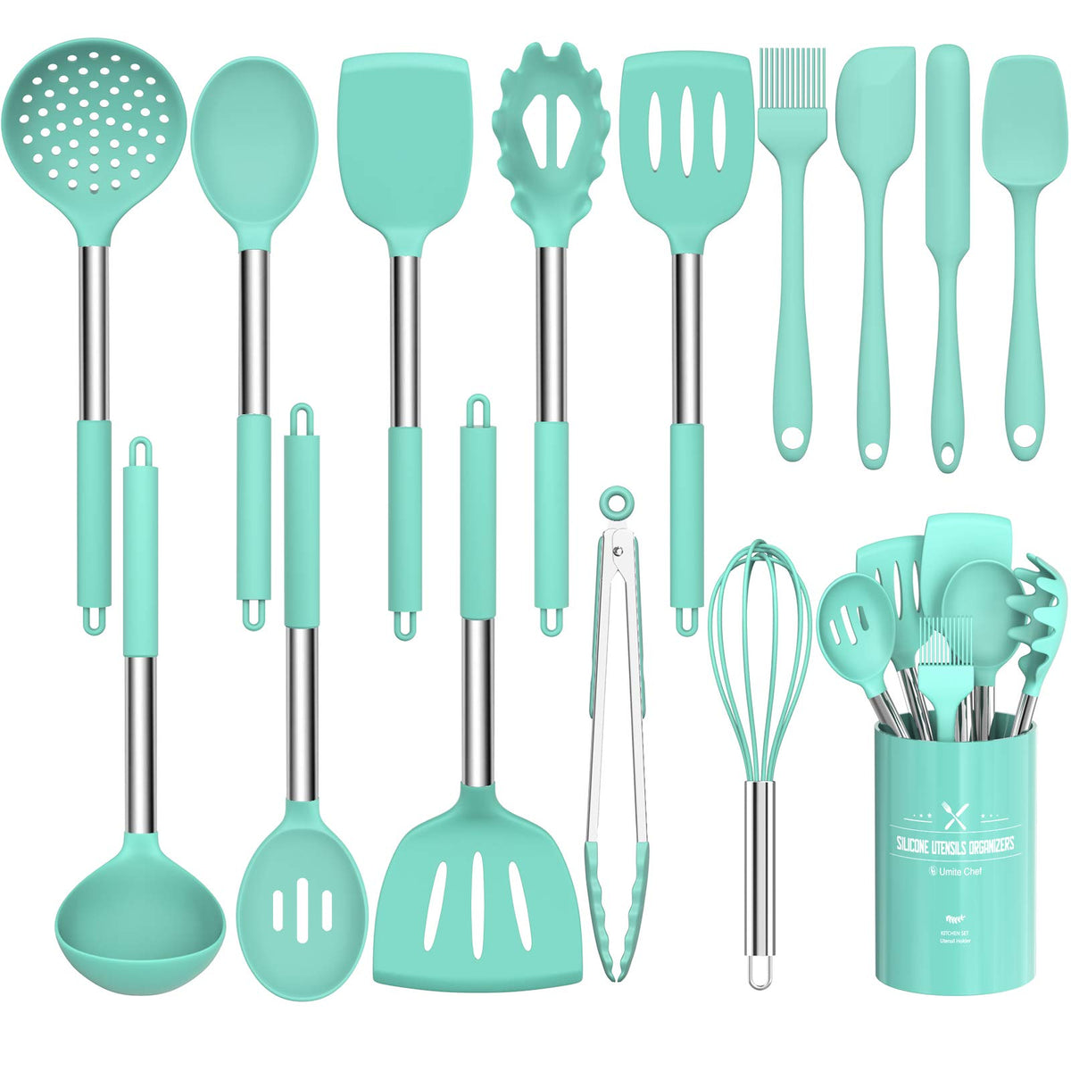 Umite Chef 15-piece silicone utensils set with holder, organized and ready for cooking.