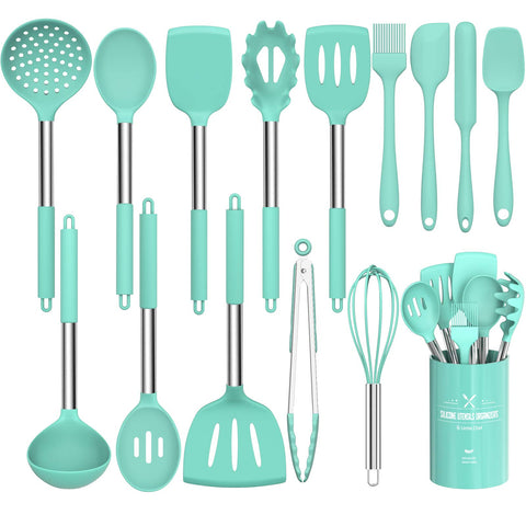 Umite Chef 15-piece silicone utensils set with holder, organized and ready for cooking.