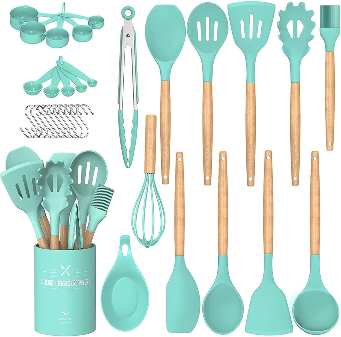 Umite Chef 24-piece silicone utensil set top view showing organized green tools