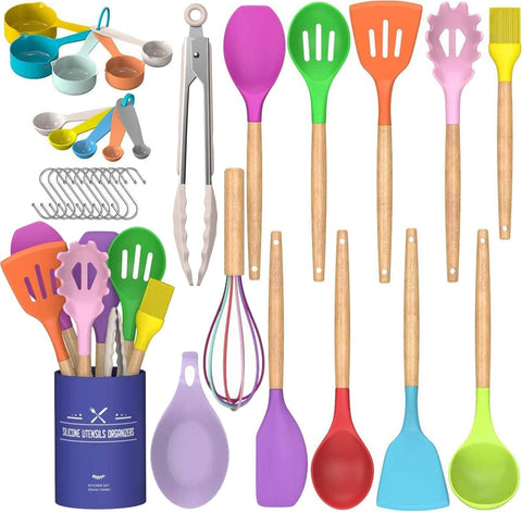 Umite Chef 33pc utensils with wooden handles in colorful set for versatile cooking.