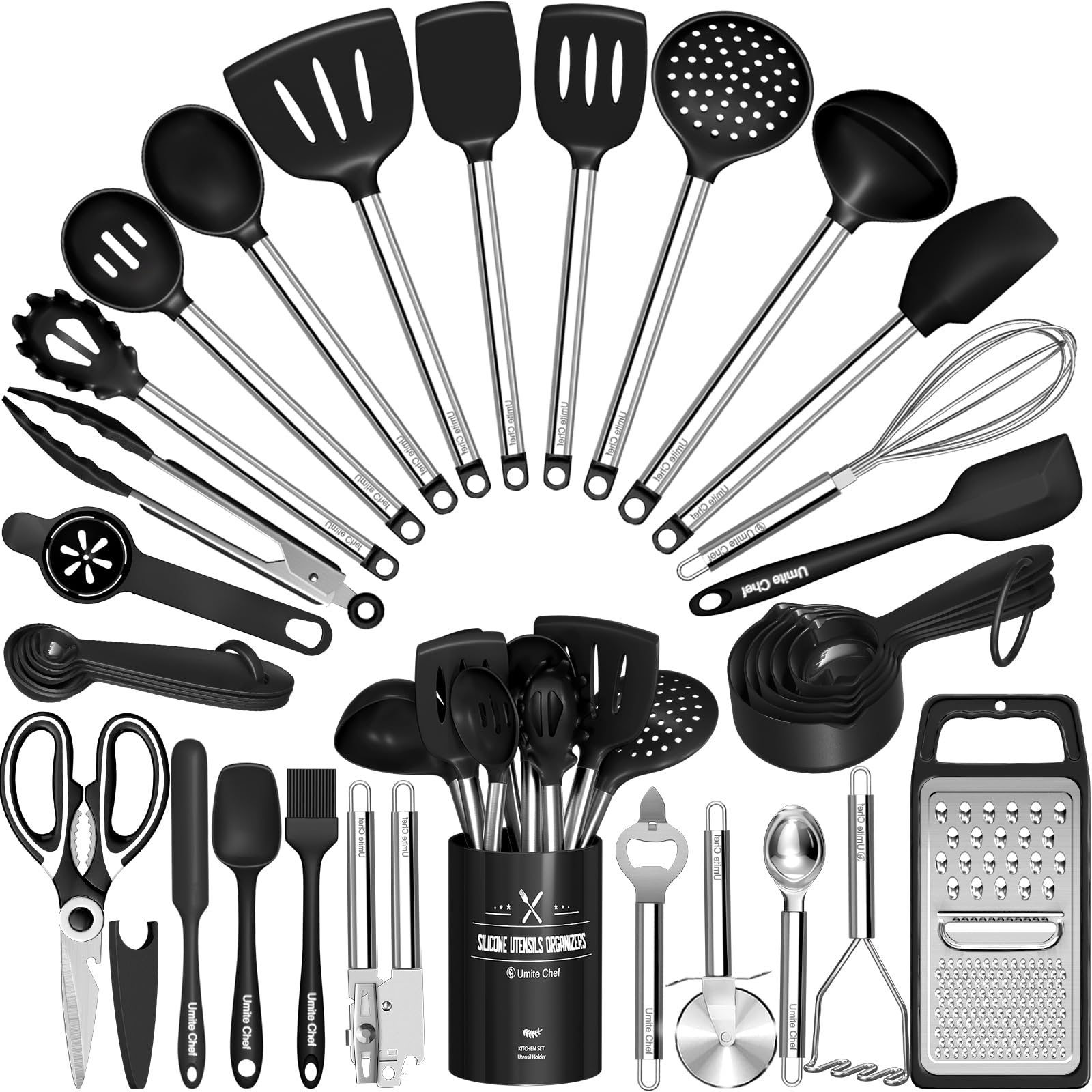 Umite Chef 34-piece silicone utensils set with nonstick-safe heads for delicate cookware.