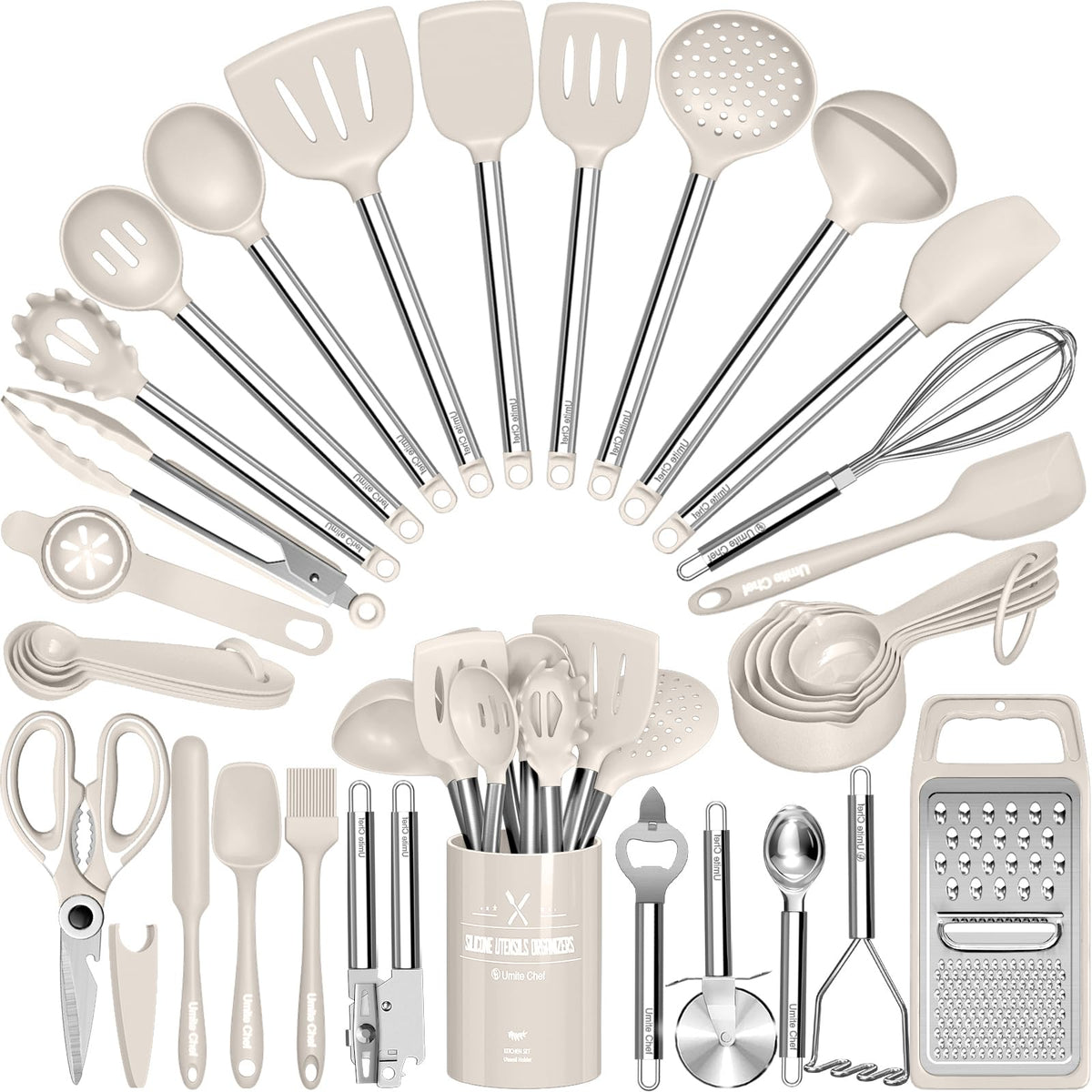 Umite Chef 34pcs silicone utensils set in a compact box for easy storage.