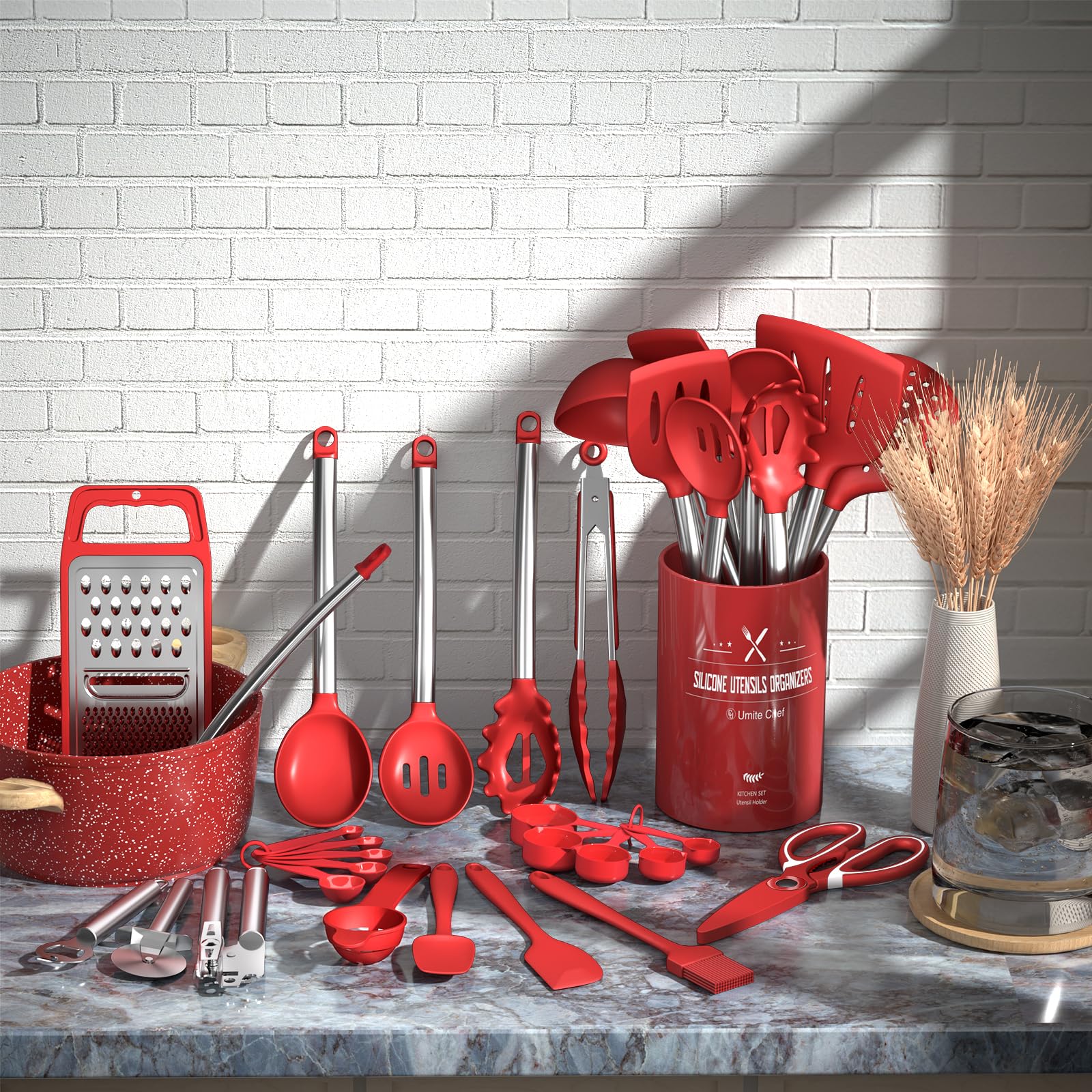 Umite Chef slotted spoon shown for safe stirring and draining.