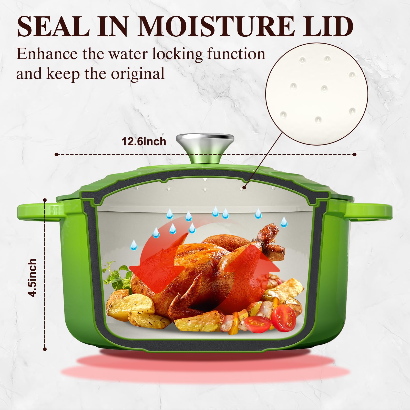 Umite Chef 5QT Dutch Oven Green with lid seal showcases airtight moisture locking.