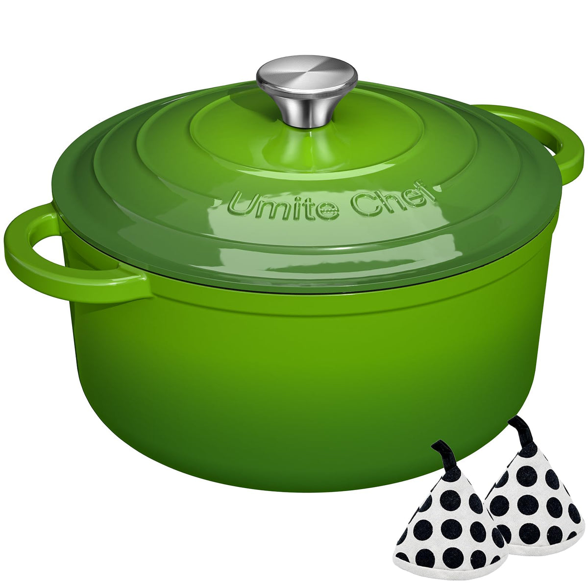 Umite Chef 5QT Dutch Oven Green top view highlights even heat for searing and slow cooking.