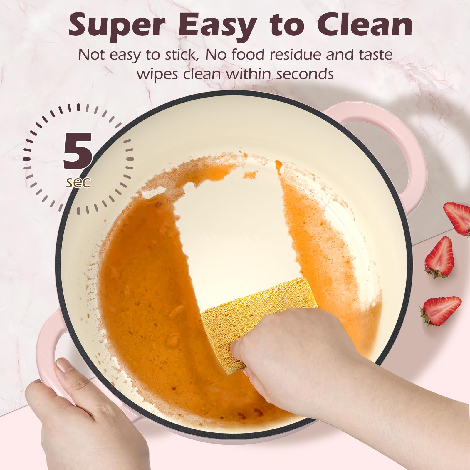 Umite Chef 5QT Dutch Oven pink exterior, durable enamel resists stains for easy cleanup.