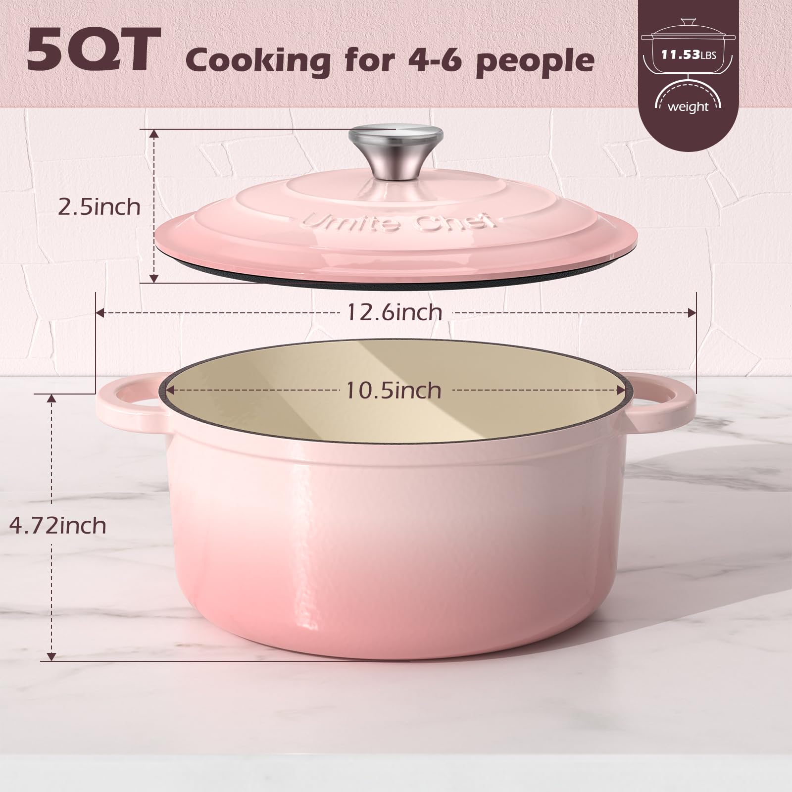 Umite Chef 5QT Dutch Oven pink interior enamel, naturally non-stick for quick food release.