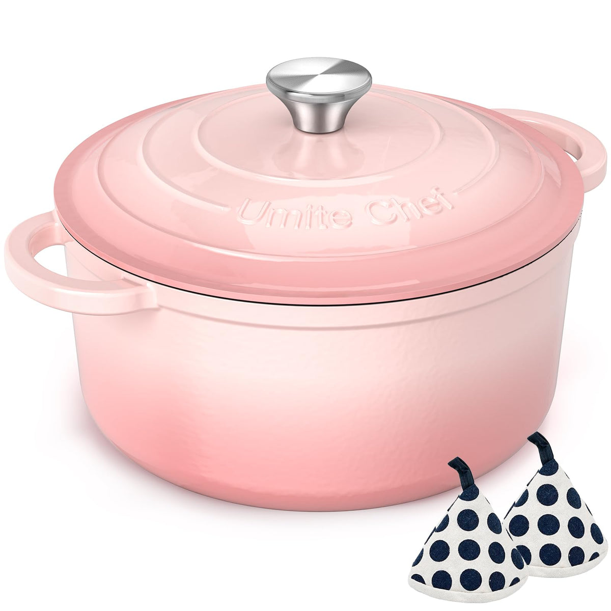 Umite Chef 5QT Dutch Oven pink lid, tight seal preserves moisture for flavorful braises.