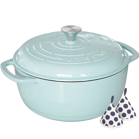 Umite Chef 6QT blue-lid Dutch oven with even heating and moisture retention.