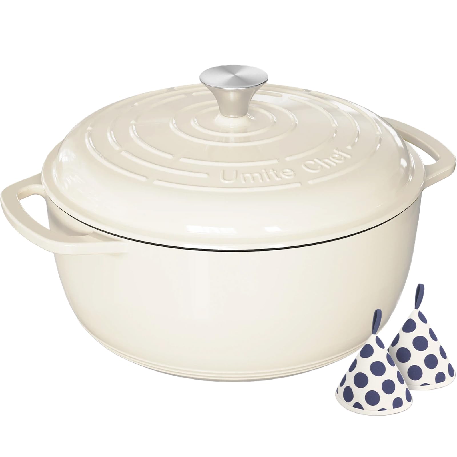 Umite Chef 6qt Dutch Oven with cream lid on; moisture lock for tender braises.