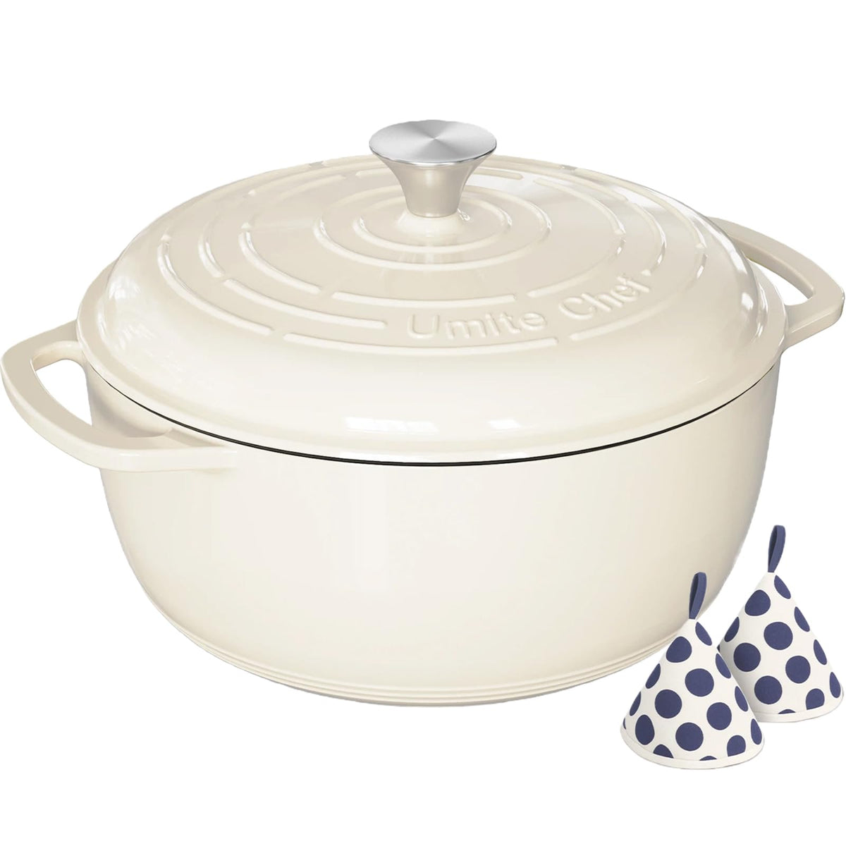 Umite Chef 6qt Dutch Oven with cream lid on; moisture lock for tender braises.