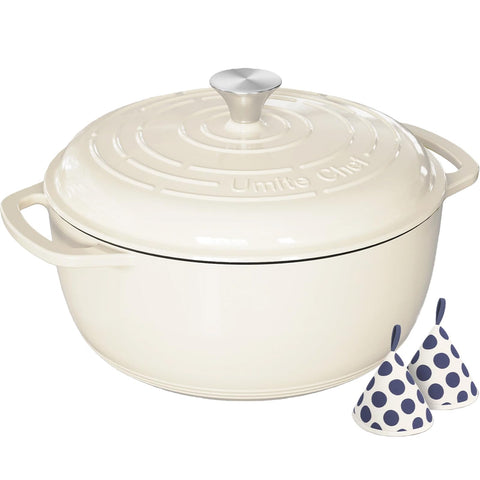 Umite Chef 6qt Dutch Oven with cream lid on; moisture lock for tender braises.