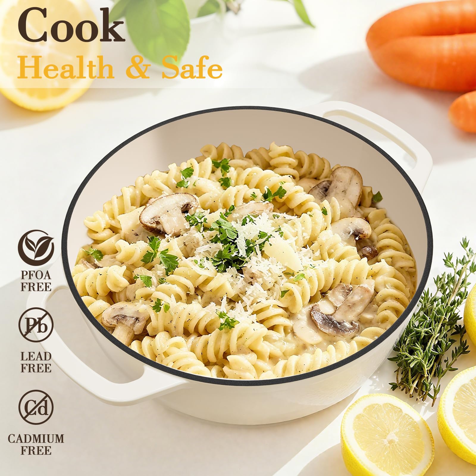 Umite Chef 6qt Dutch Oven stainless handles—secure grip with oven mitts.