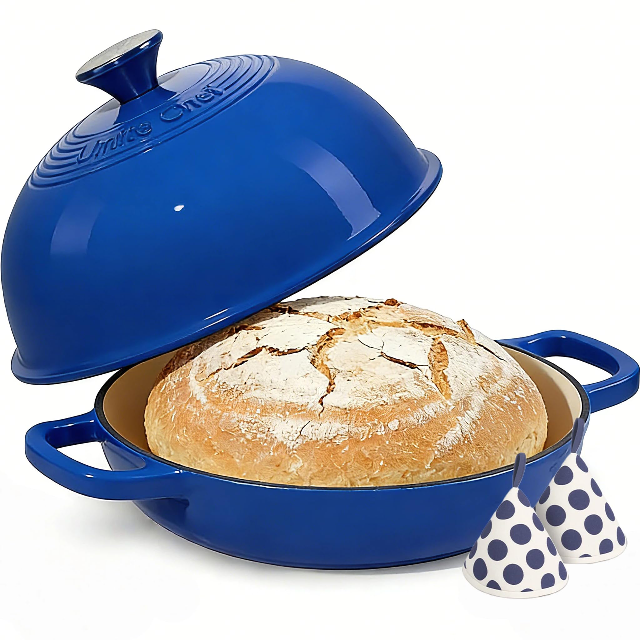 Umite Chef 6qt Dutch Oven with lid in dark blue, ideal for homestyle bread and meals.