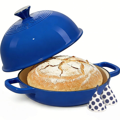 Umite Chef 6qt Dutch Oven with lid in dark blue, ideal for homestyle bread and meals.