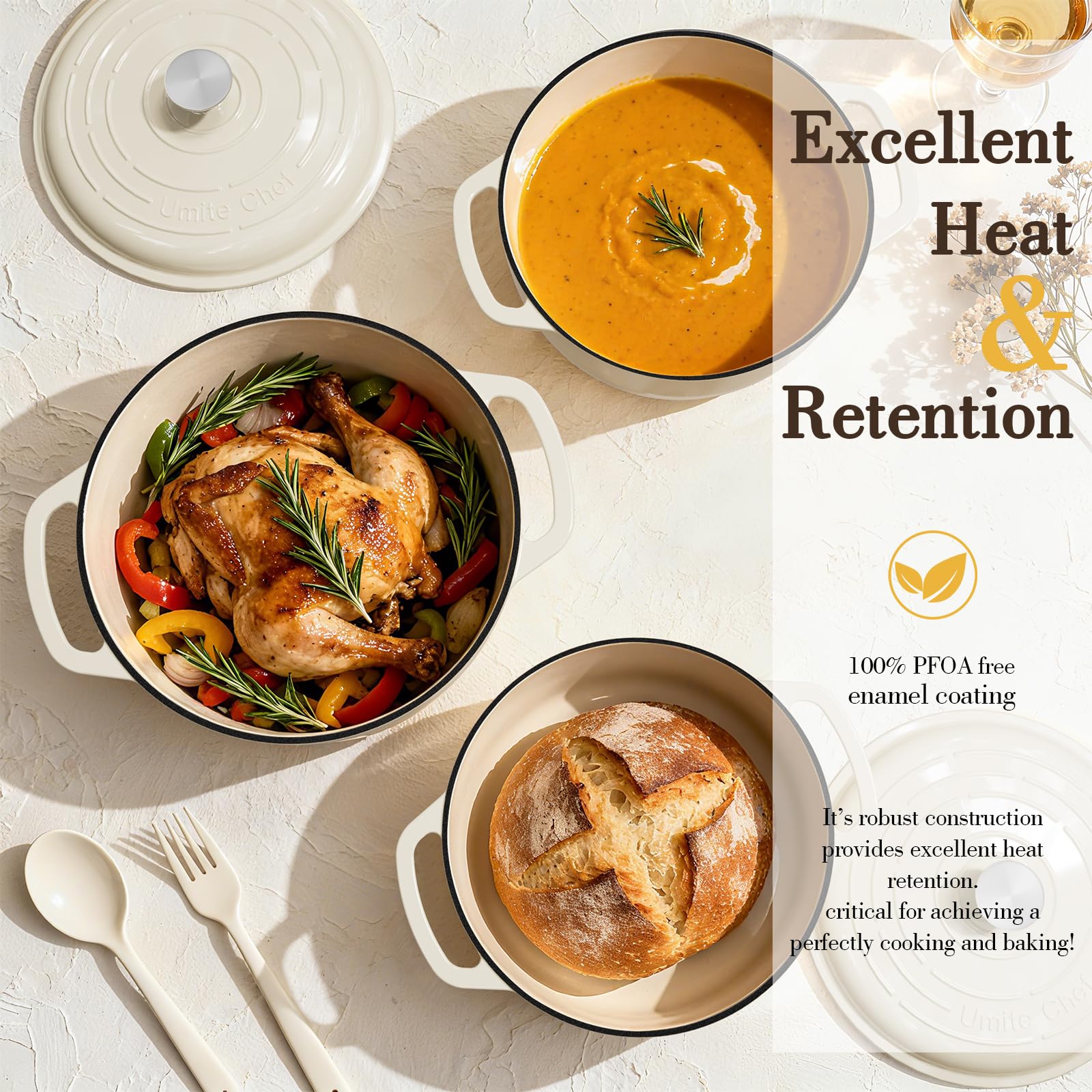 Umite Chef 6qt enamelled cast iron, cream white, side view—high-heat searing with even heat.