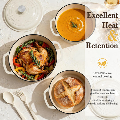 Umite Chef 6qt enamelled cast iron, cream white, side view—high-heat searing with even heat.