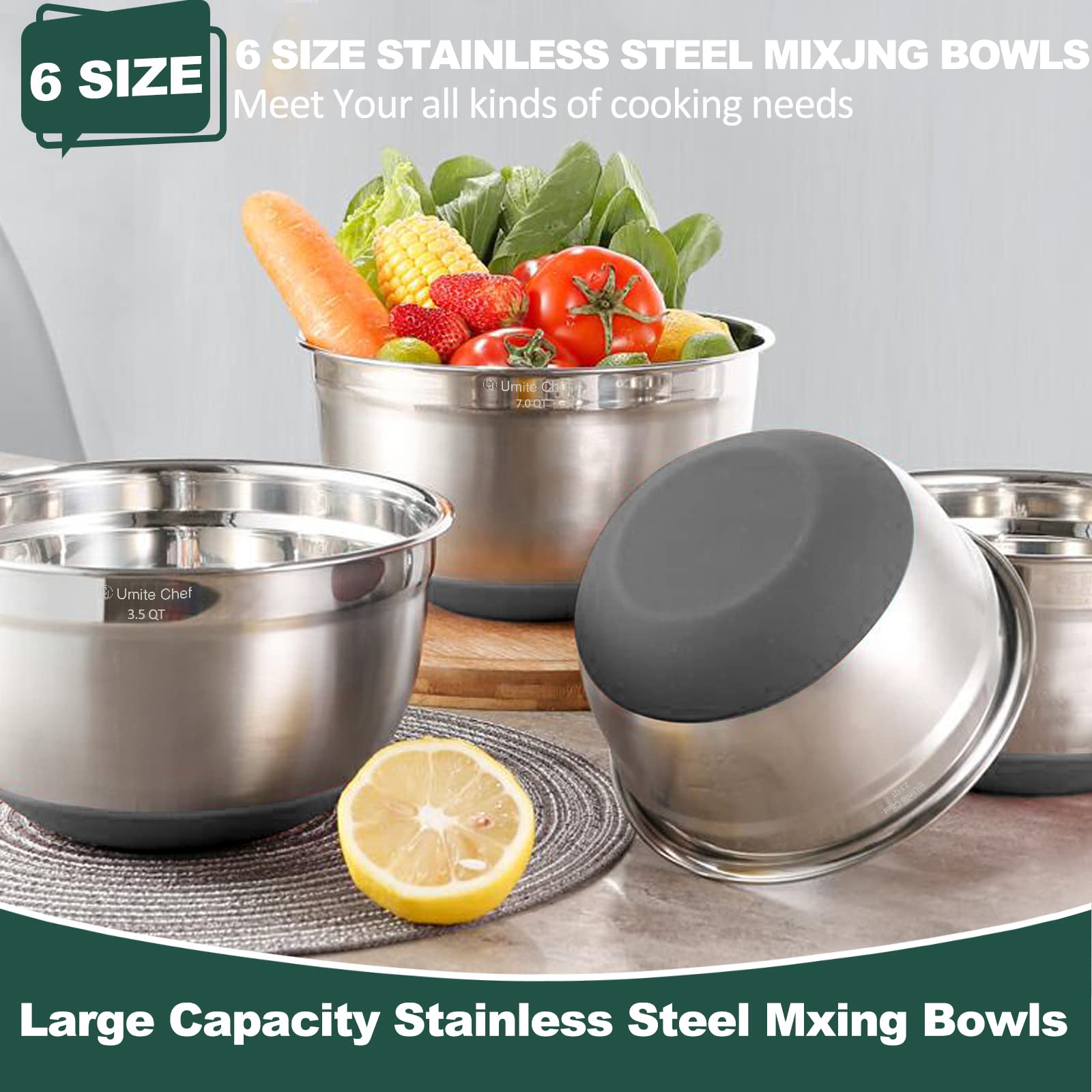 Umite Chef interior-mirror stainless bowls aid precise mixing and checks.