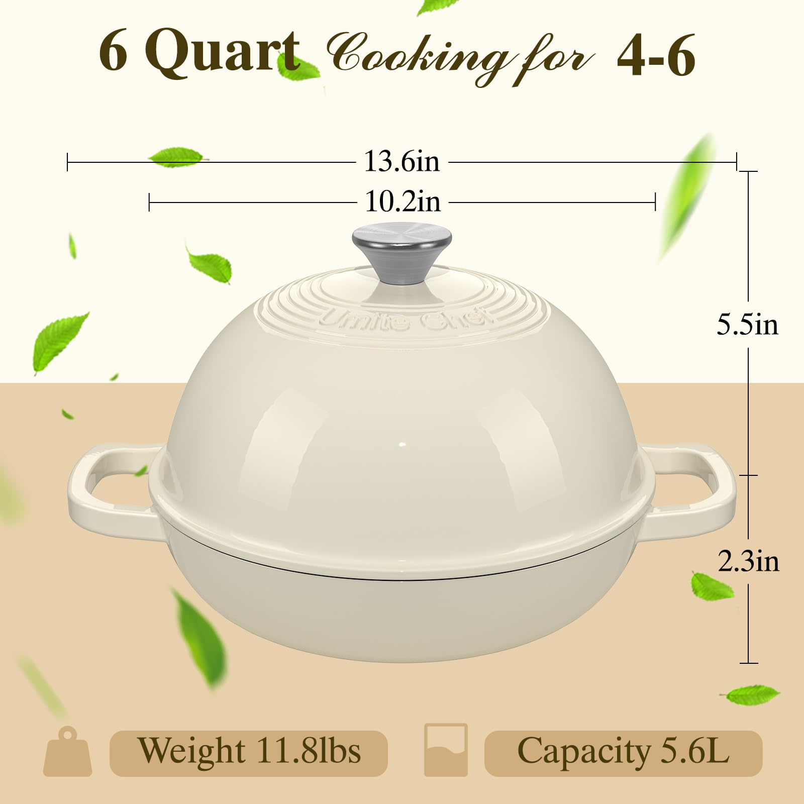 Cream white Umite Chef Dutch oven ready for table serving and presentation.