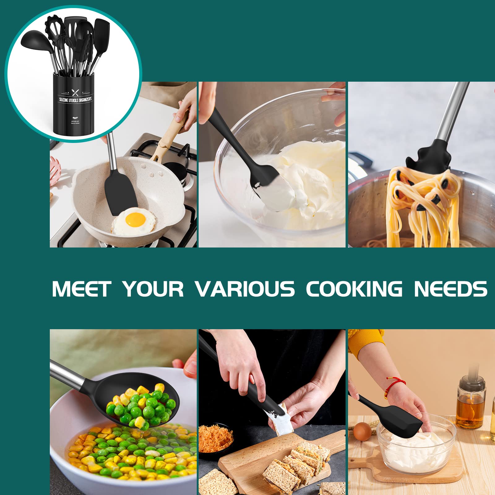 Umite Chef dishwasher-safe silicone utensils for quick cleanup after cooking.