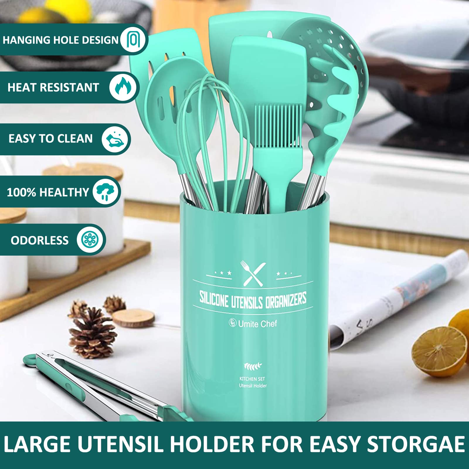 Umite Chef dishwasher-safe silicone utensils, easy cleanup after cooking.