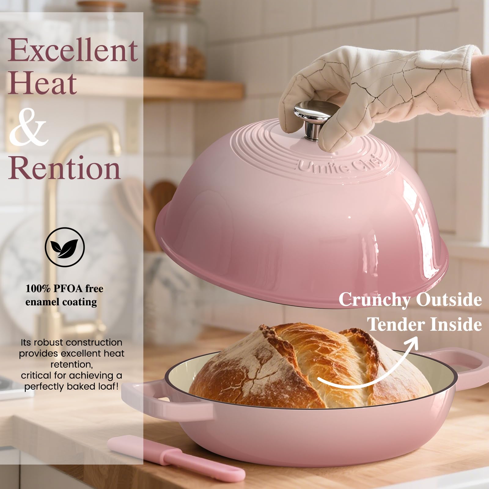 Umite Chef dome lid traps moisture for optimal oven spring.