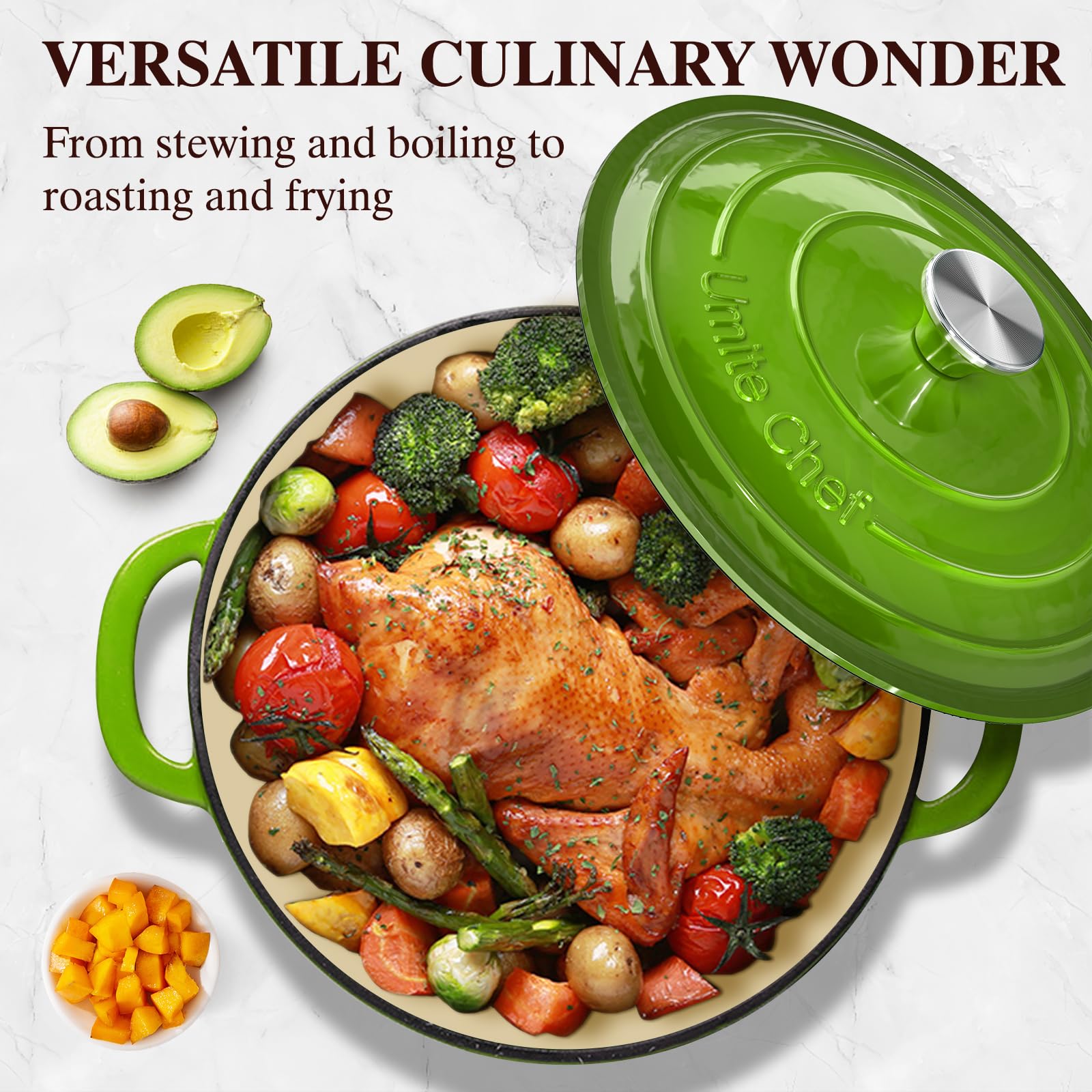 Umite Chef Green braising scene with meat highlights tender results from slow cooking.