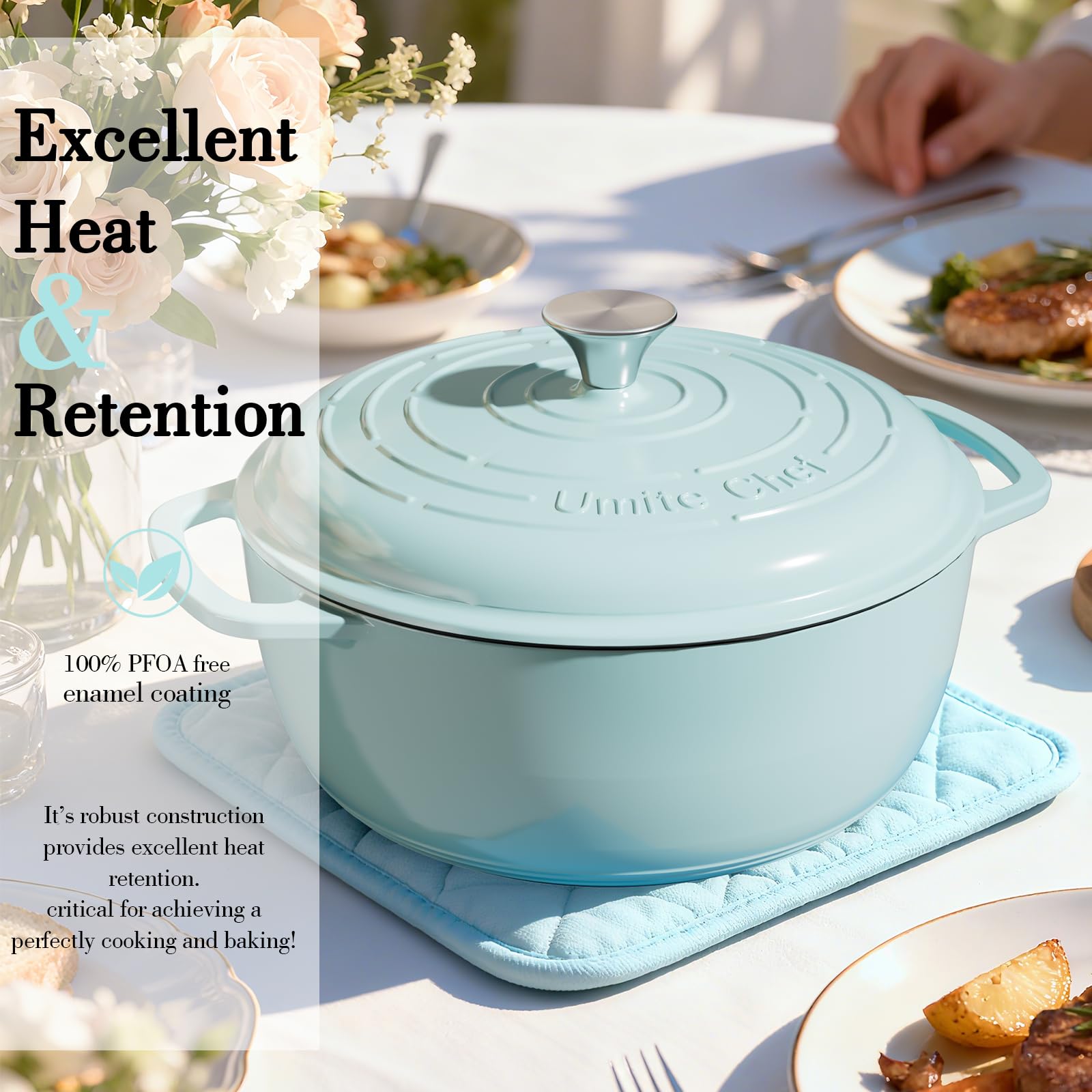 Umite Chef Dutch oven on stovetop demonstrates versatile searing to simmering.