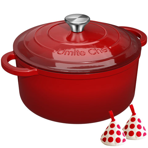 Umite Chef enameled 5QT Dutch Oven with lid shows vibrant red finish for stylish kitchen prep