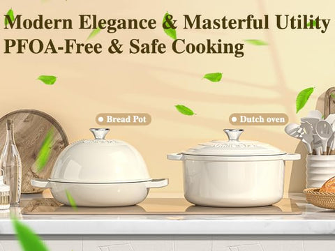 Umite Chef enamelled cast iron 6 qt with dome lid highlighting moisture seal.