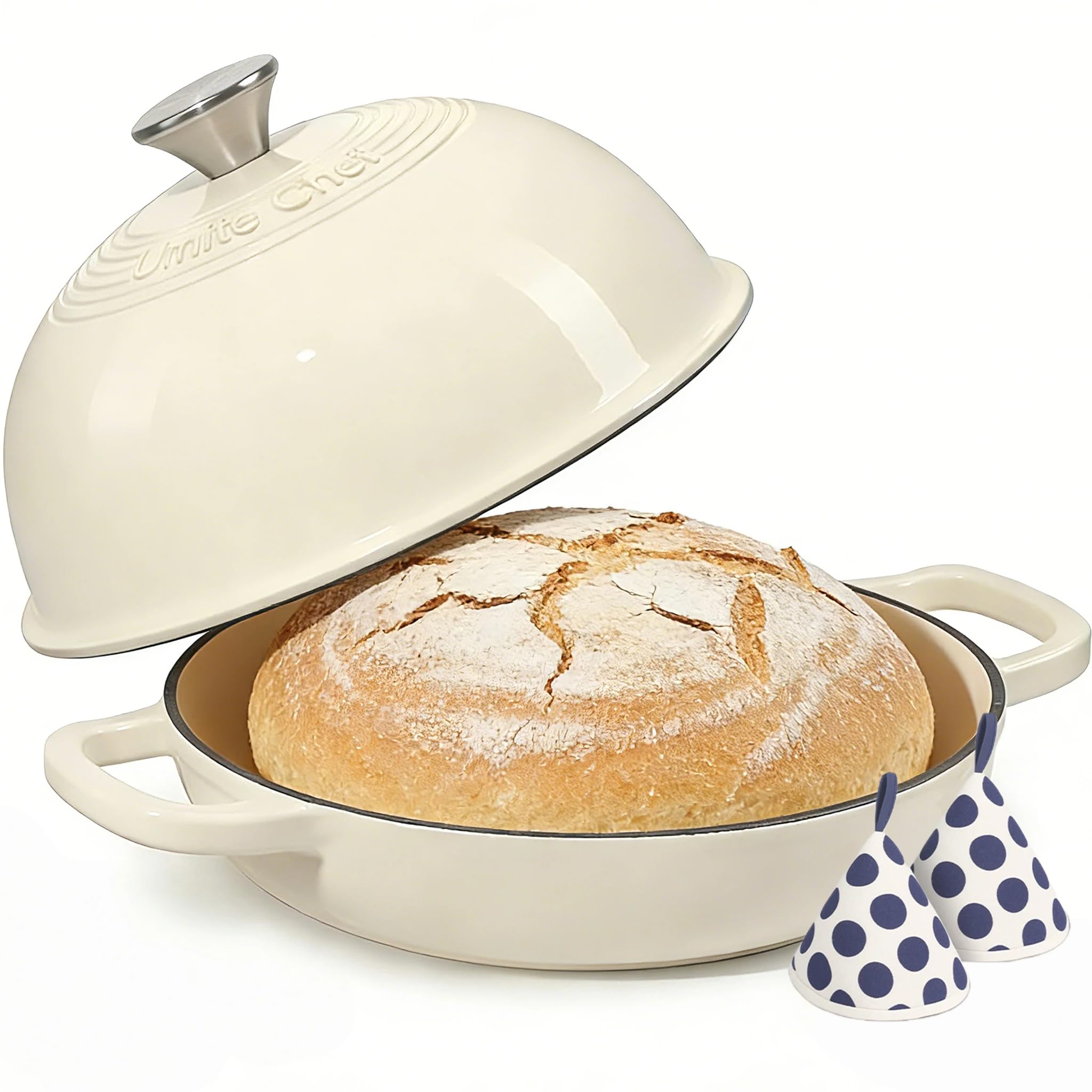 Umite Chef enamelled 6 qt bread oven front view for even baking and crust development.