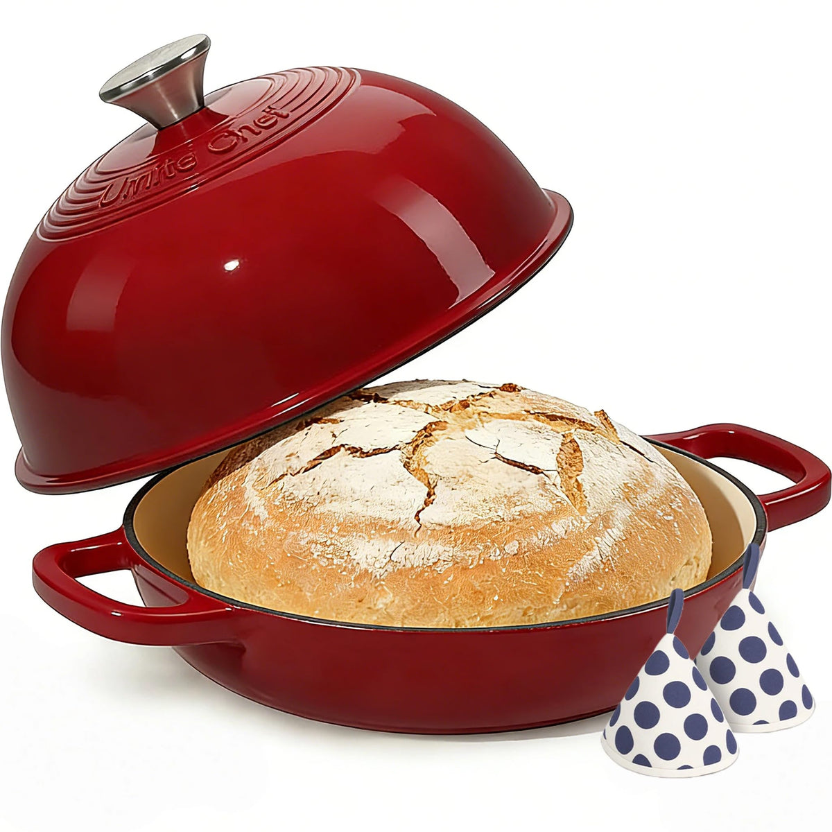 Umite Chef enamelled cast iron Dutch oven with lid, ideal for bread baking.