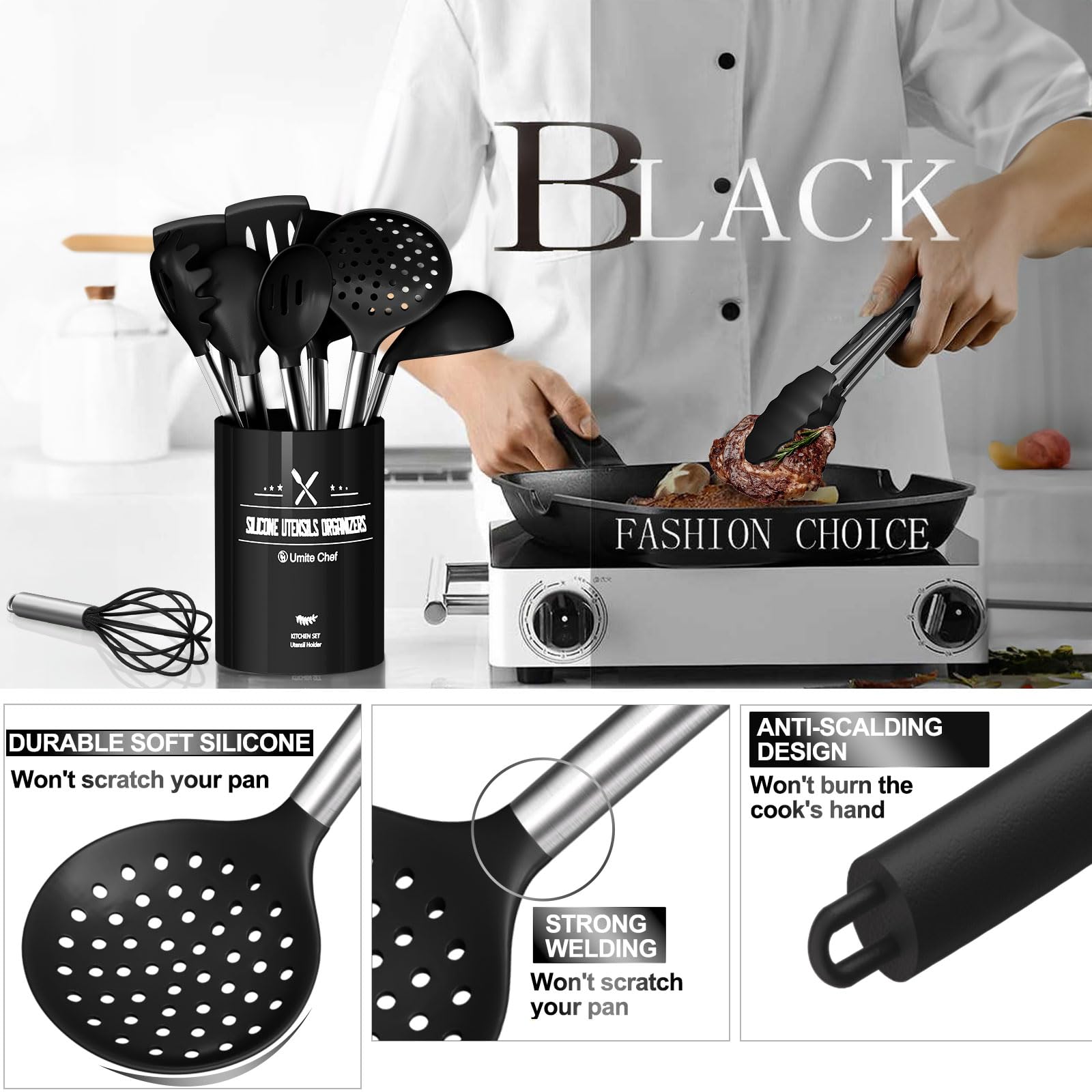 Umite Chef utensils withstand heat up to 446°F without warping.