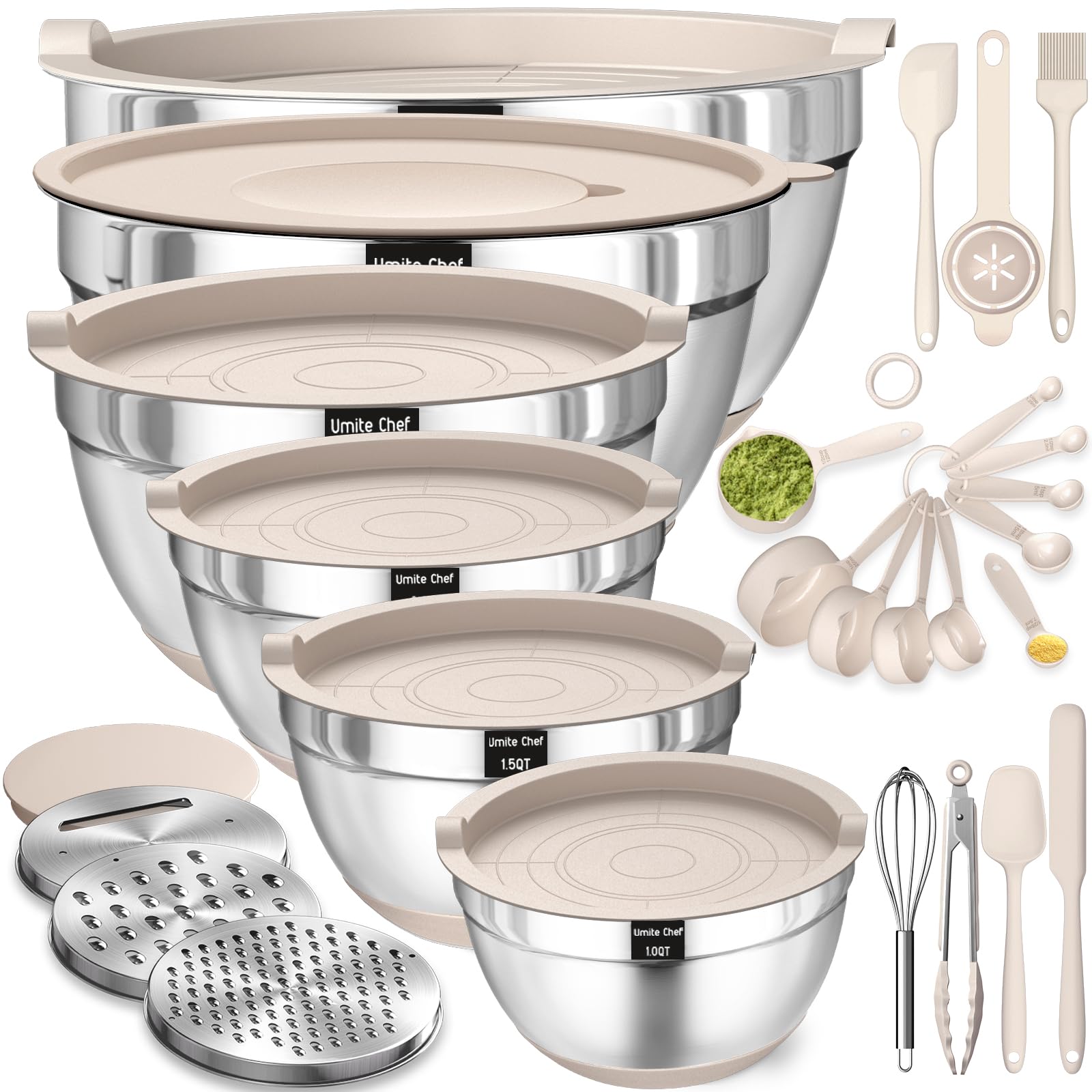 Umite Chef mixing bowls with airtight lids keep ingredients fresh and spill-free on countertops.