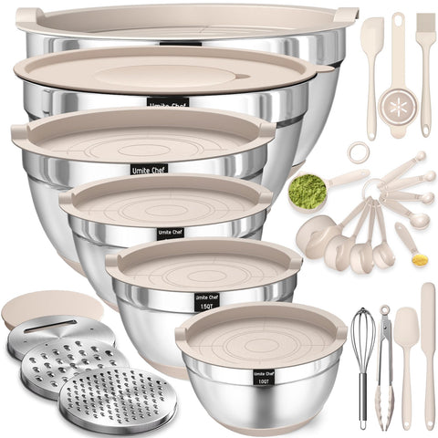 Umite Chef mixing bowls with airtight lids keep ingredients fresh and spill-free on countertops.