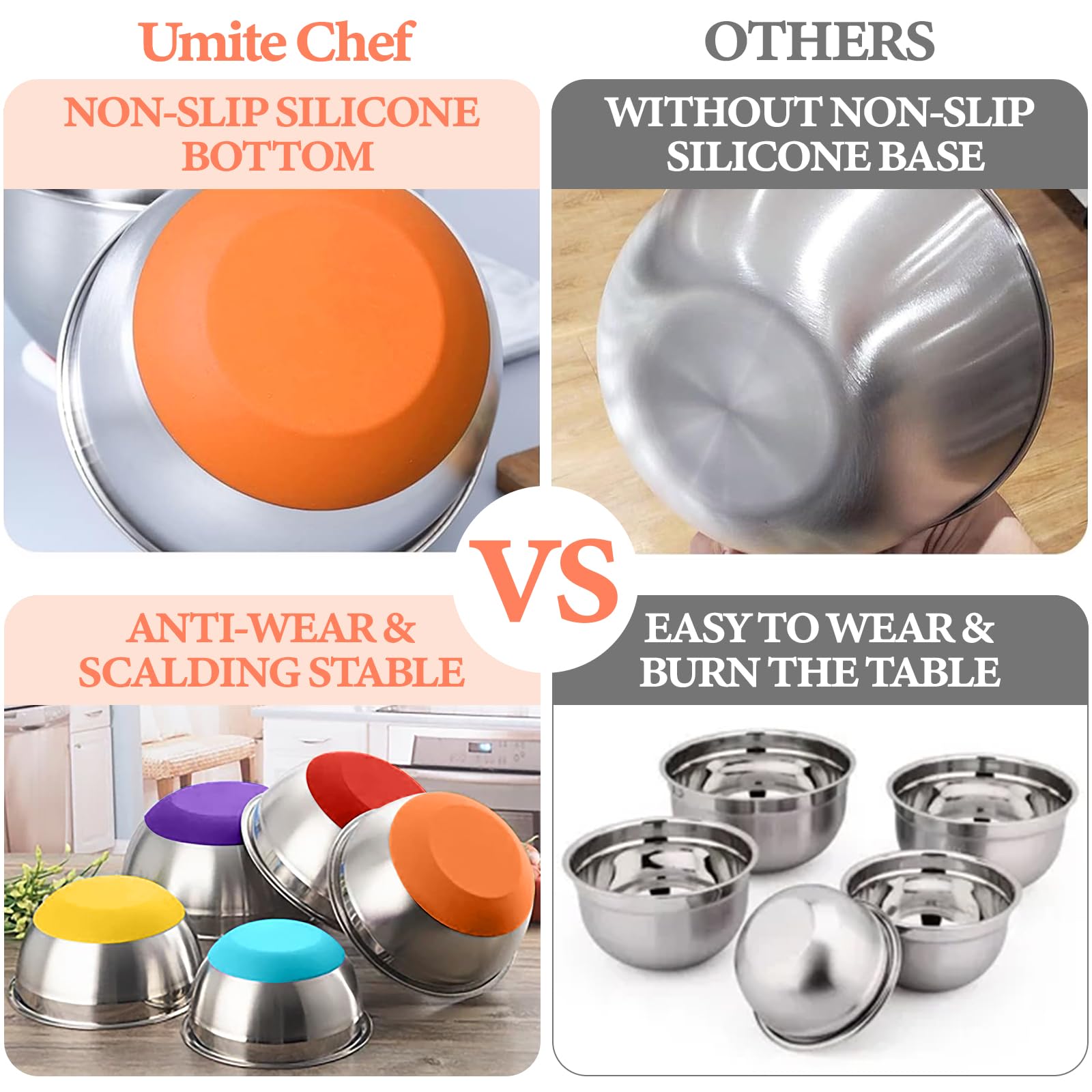 Umite Chef bowls with airtight lids prevent spills and keep ingredients fresh.