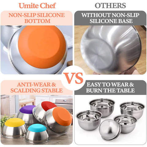 Umite Chef bowls with airtight lids prevent spills and keep ingredients fresh.
