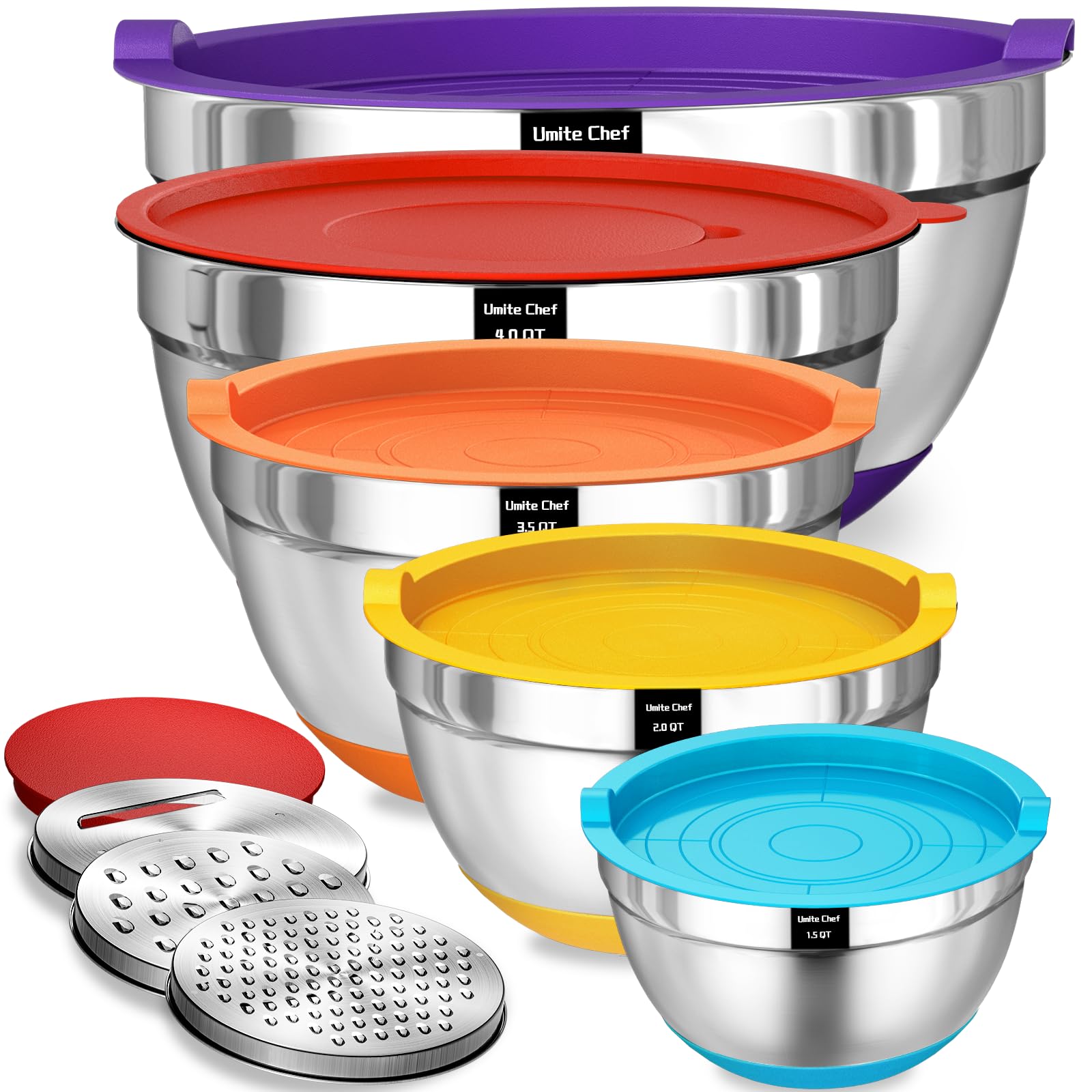 Umite Chef mixing bowls with colorful interiors for precise prep and quick cleanup.