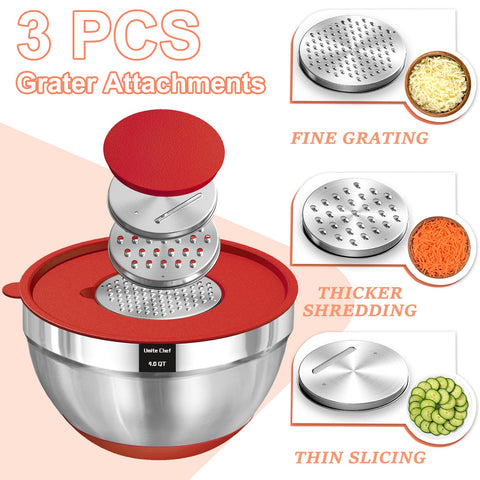 Umite Chef bowls include three grater attachments for fast prep inside the bowl.