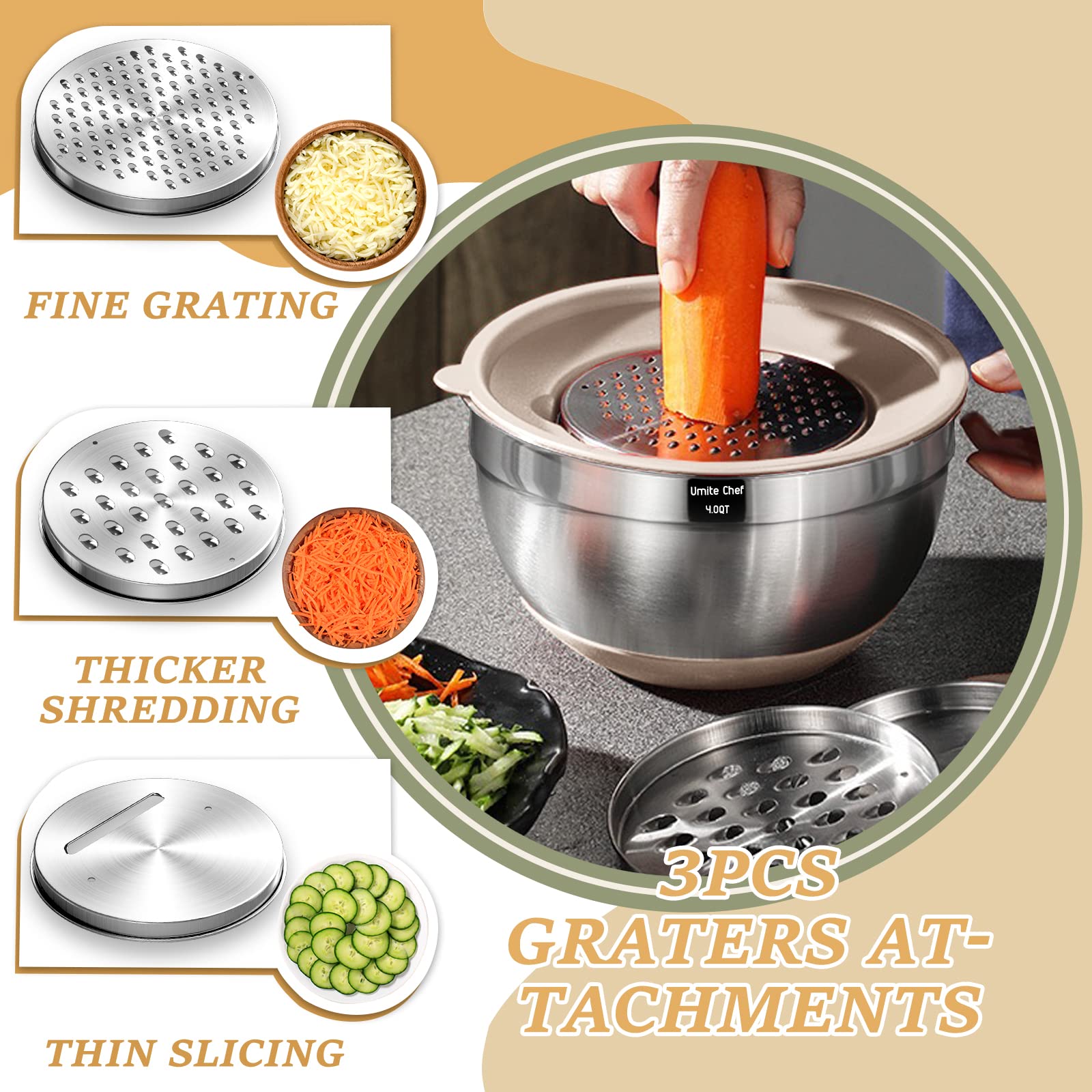 Umite Chef bowls with non-slip bottoms stay steady while mixing and protect surfaces from heat.