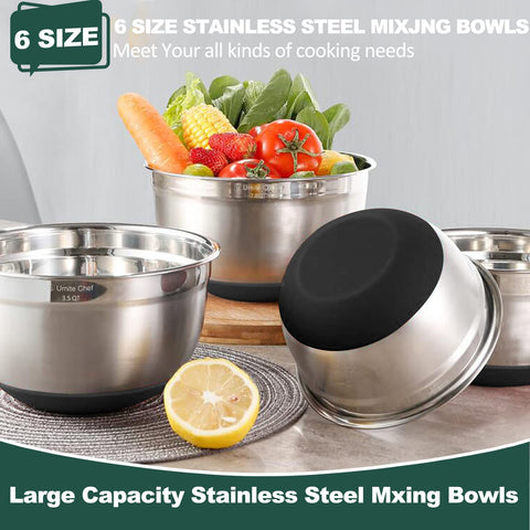 Umite Chef bowls feature non-slip silicone bottoms for stable mixing.