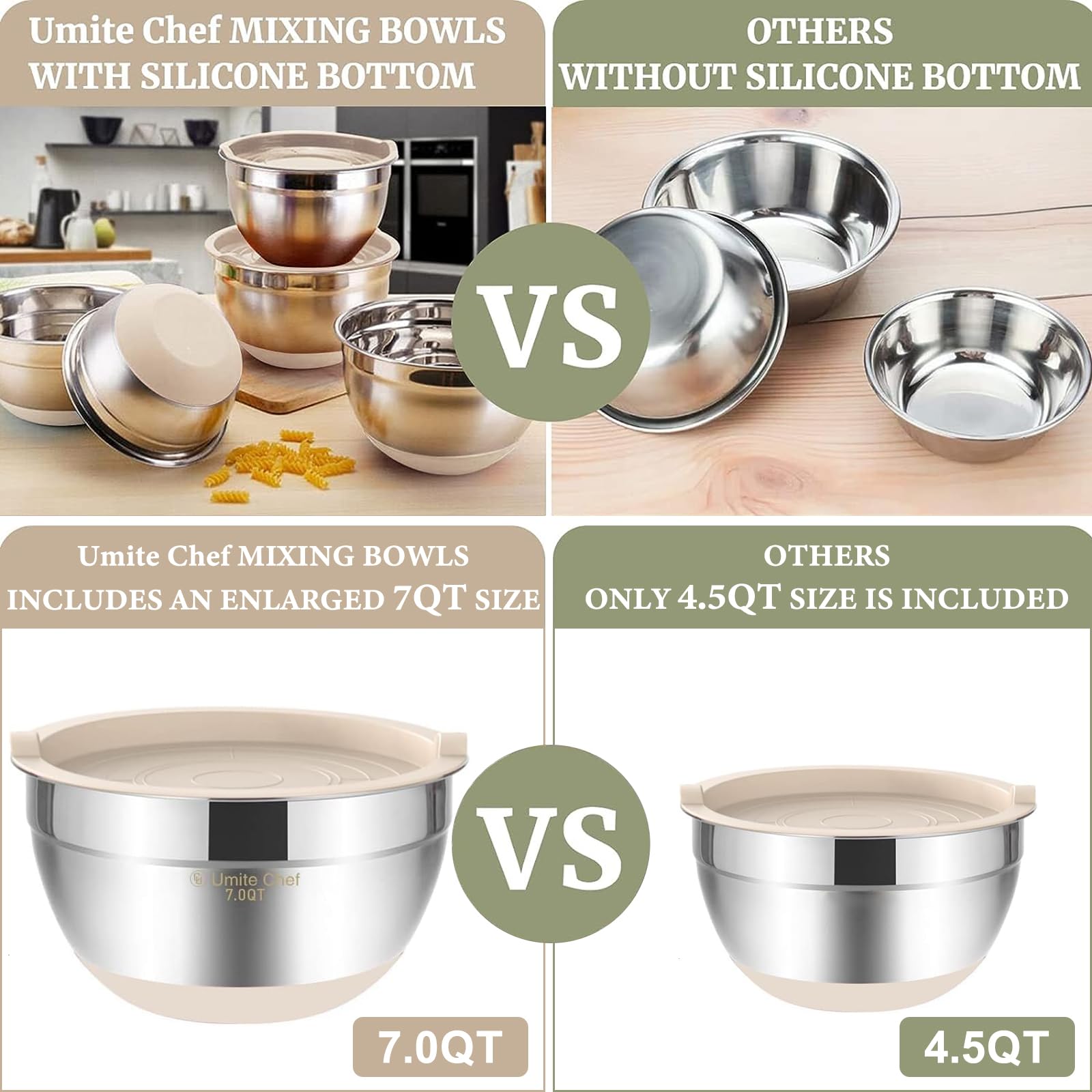 Umite Chef mixing bowls with non-slip bottoms stay steady while mixing.