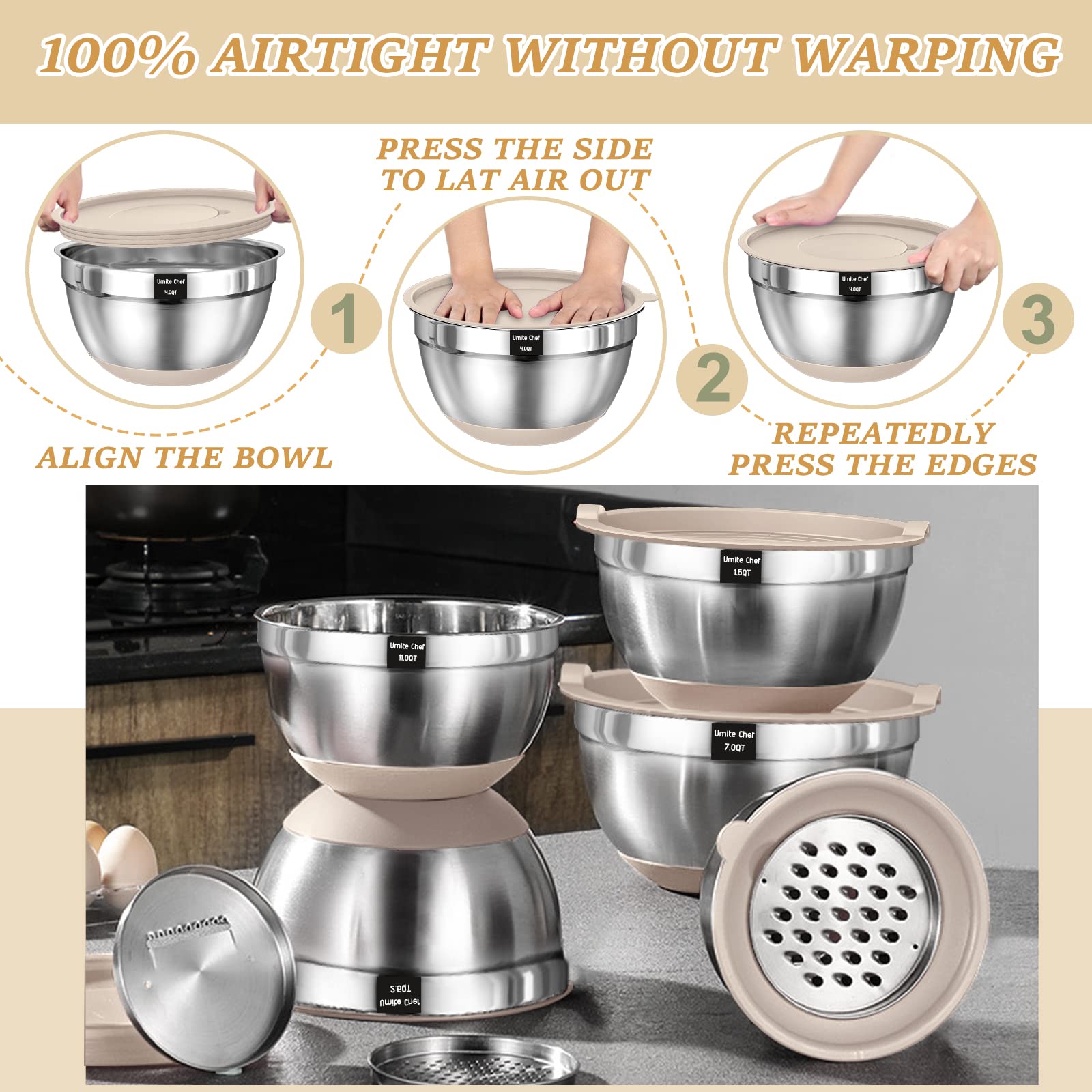 Umite Chef stainless steel bowls resist rust and offer a durable, mirror-finish interior.